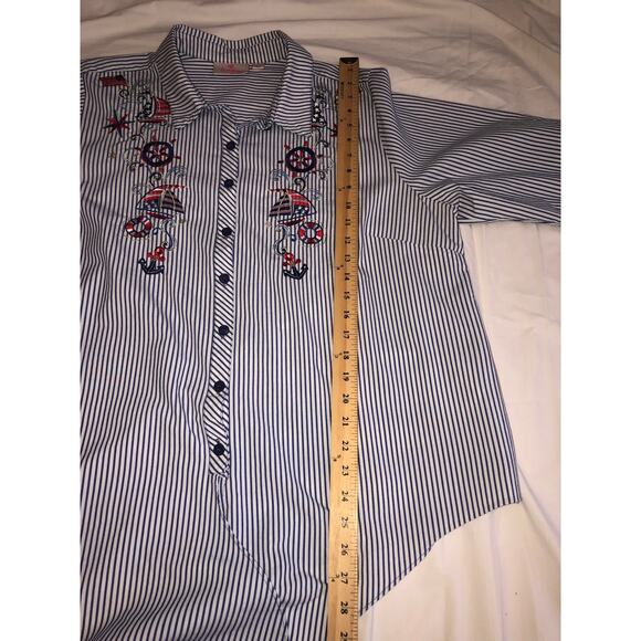 Quacker Factory Shirt Size XL Tie Front Embroidered Blue Nautical Patriotic - Picture 5 of 8